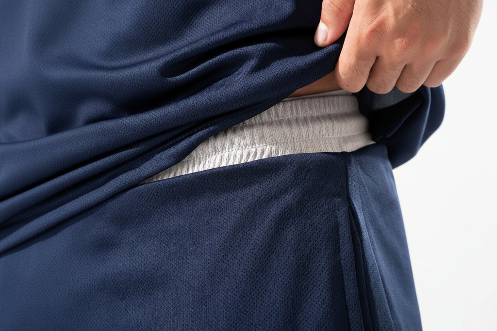 Navy blue fabric with a hand adjusting it, on a white background