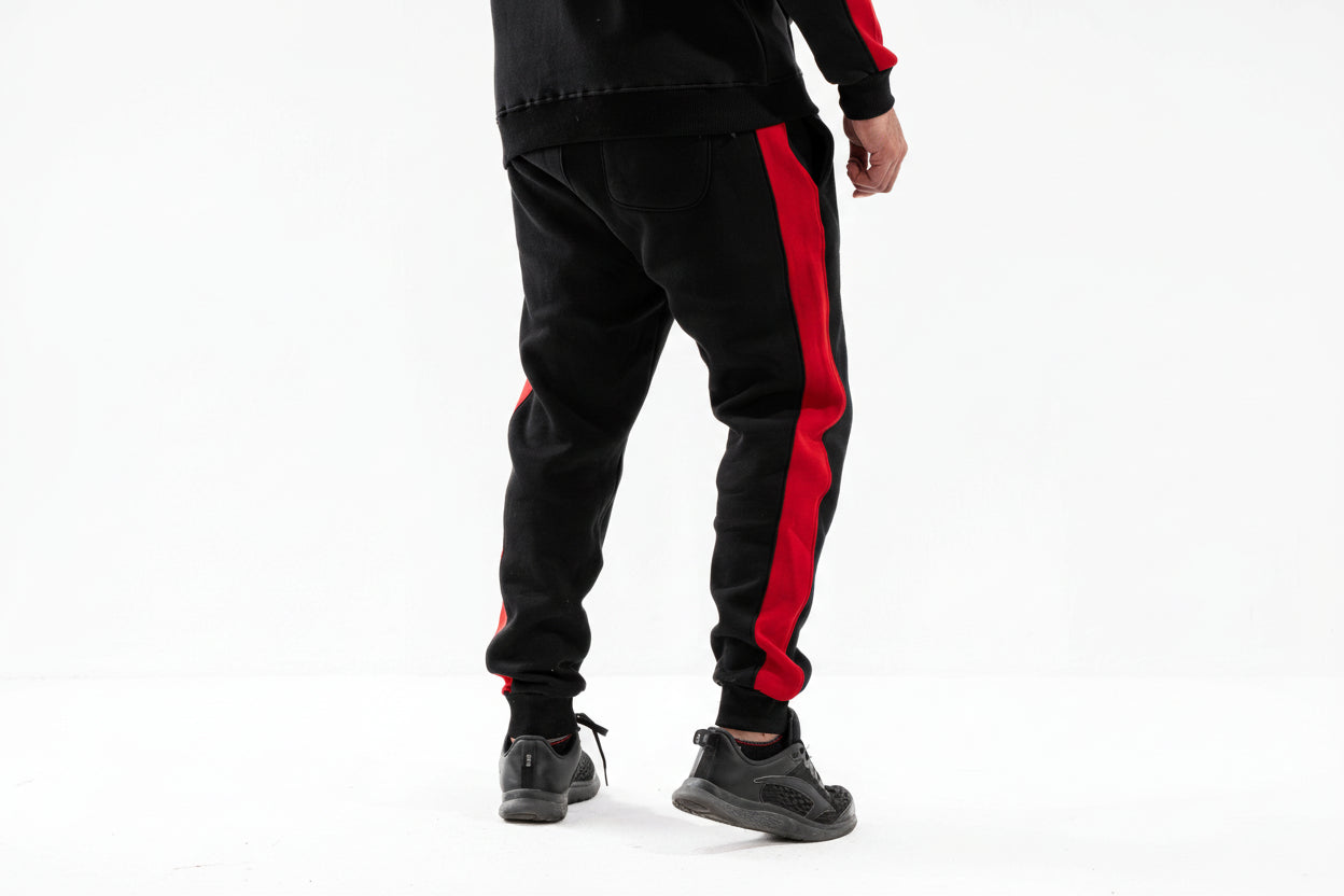 Black jogger pants with red stripes worn by a person on a white background

