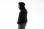 Person wearing a black hoodie on a white background

