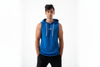Man wearing a blue sleeveless hoodie with a white logo on a white background

