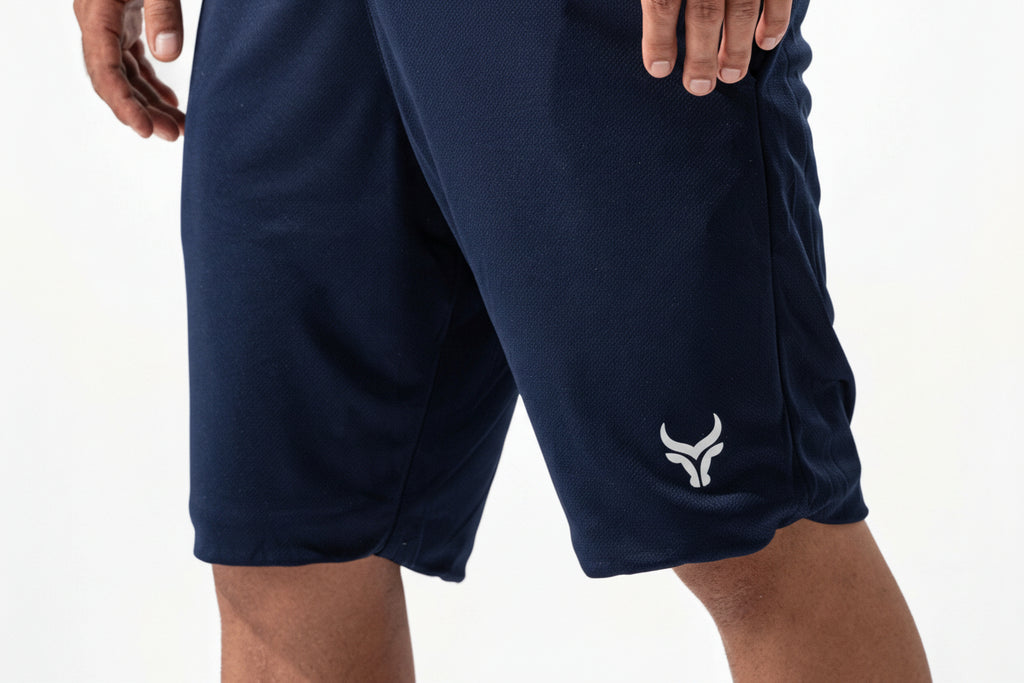 Navy blue shorts with a logo on a white background