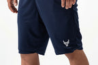 Navy blue shorts with a logo on a white background