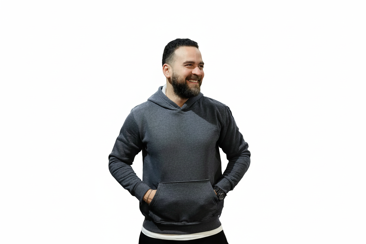 Man wearing a gray hoodie on a white background


