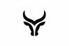 Black silhouette of a bull head with large horns on a white background