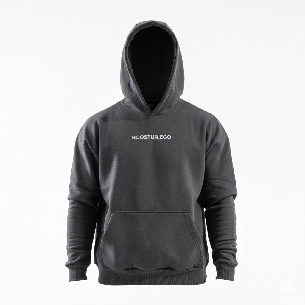 Dark gray hoodie with 'BOOSTUR.EGO' logo on a white background


