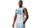 Man wearing a white sleeveless shirt with blue text on a plain background

