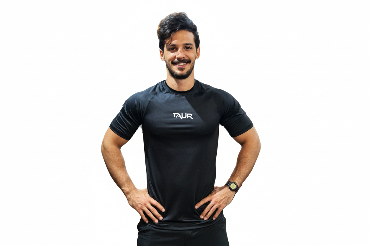 Man wearing a black Taur shirt in a gym setting