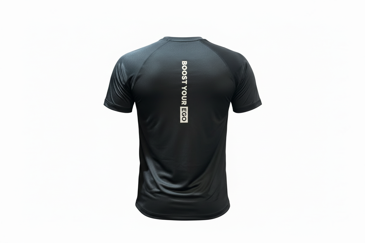 Black t-shirt with 'Boost Your Eco' text on the back against a white background

